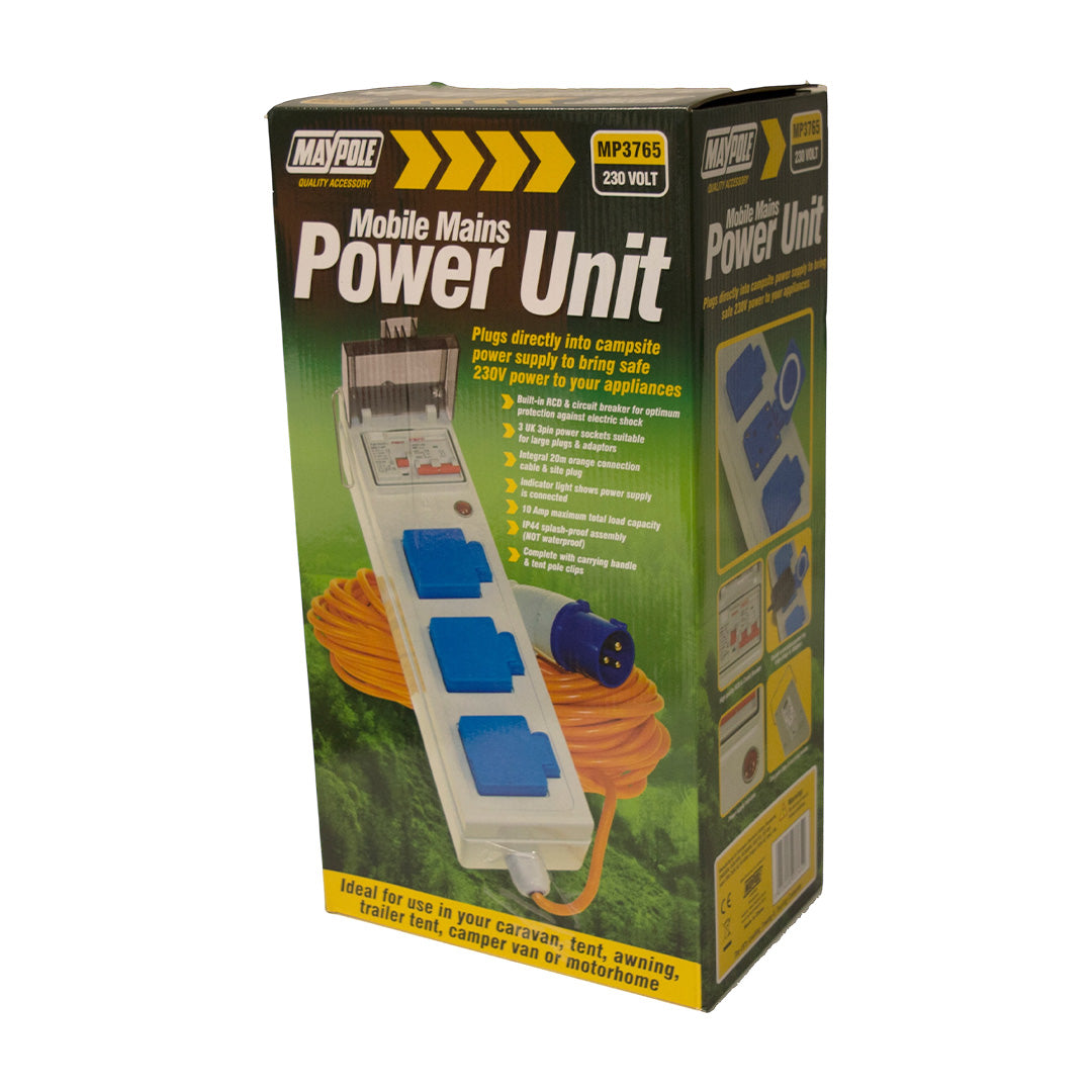 230V camping electric hook up box with RCD and 3 UK plug sockets for safe caravan power