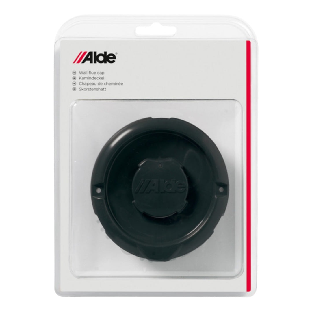 Black Alde wall flue outlet cover for caravan and motorhome heating flue systems