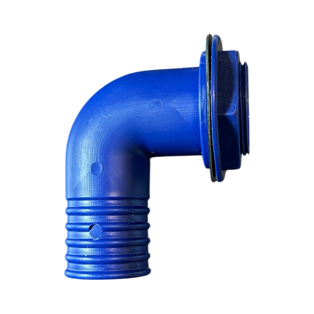 Blue angled 40mm connector for campervan or caravan waste water systems