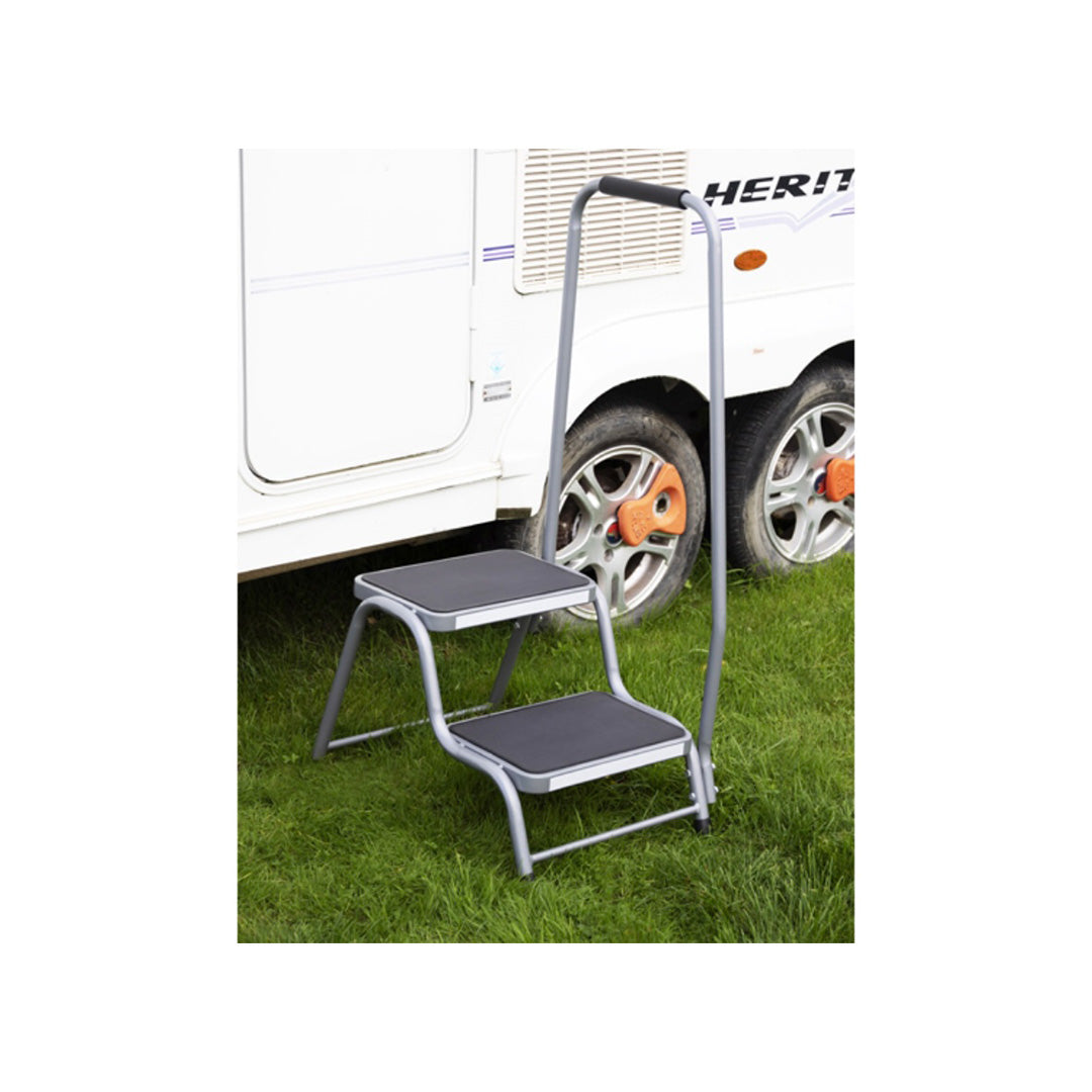 Folding caravan or home step with reinforced steel frame and reflectors