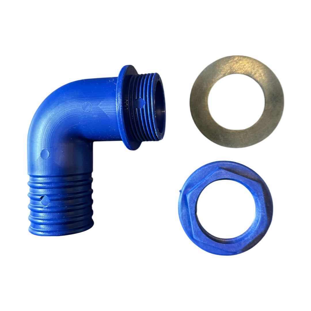 Angled 40mm BSP blue connector for caravan waste pipe plumbing