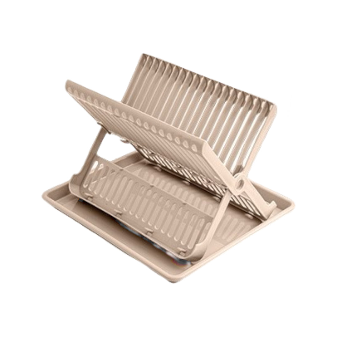 Folding dish drainer with drip tray for small kitchen, camping, and touring use