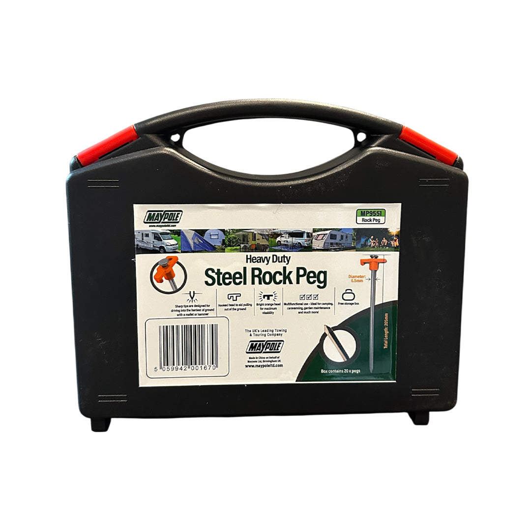 Black carrying case with Maypole branding for heavy-duty steel rock pegs on a white background