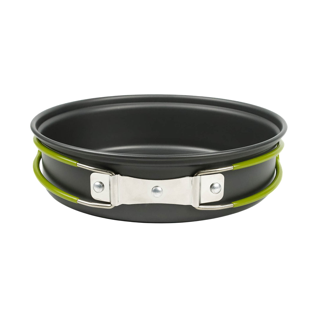 Lightweight camping cookware set with pans, bowls, and utensils for outdoor use