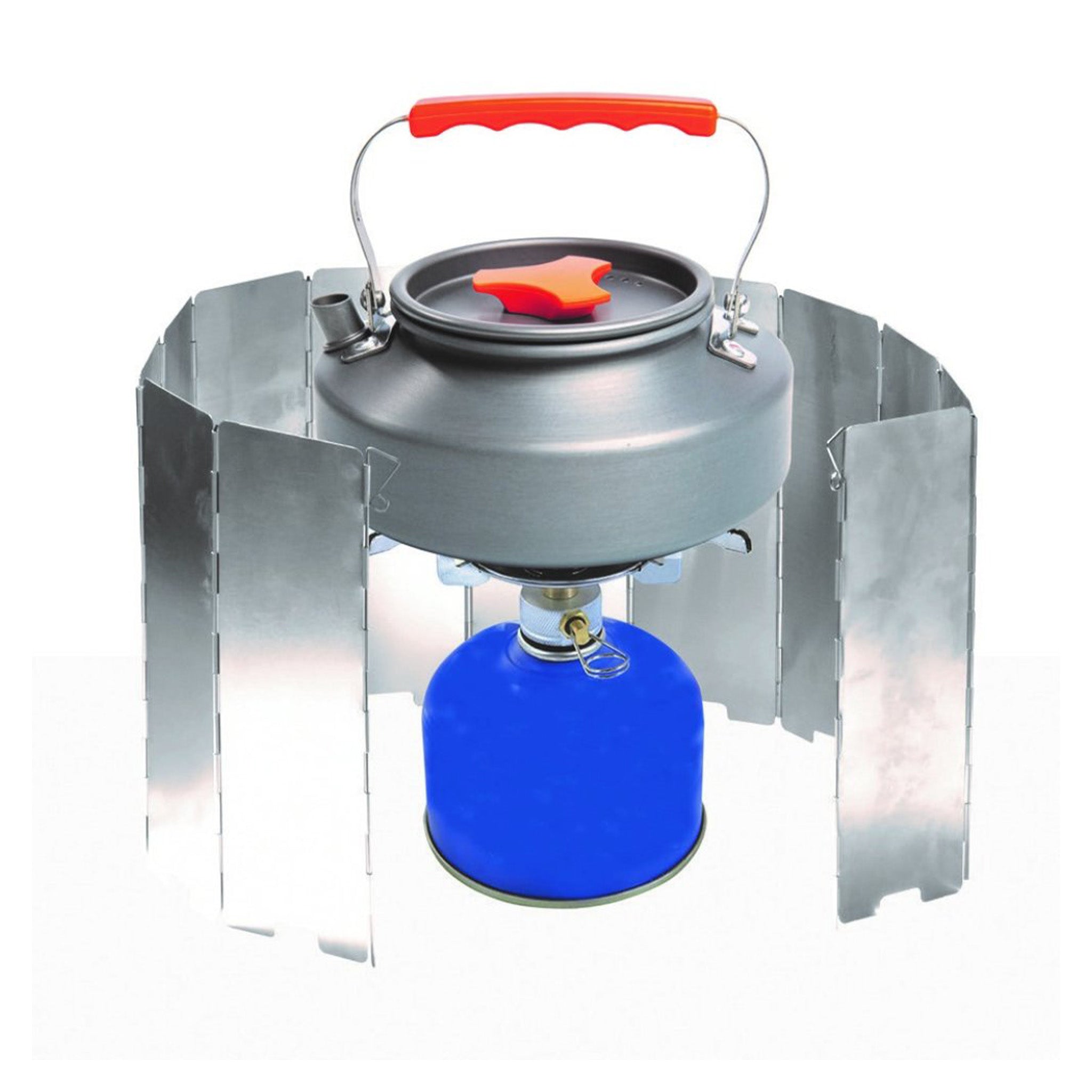 Folding aluminium camping stove windscreen supplied with black drawstring storage bag