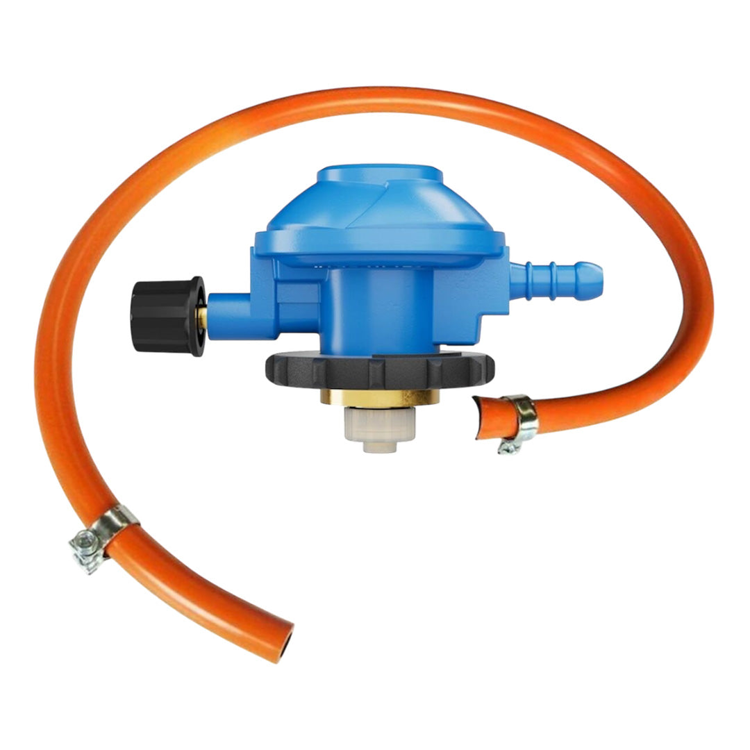 Campingaz 29mbar gas hose and regulator kit with screw ring – fits Campingaz 904 and 907 cylinders for stoves, grills, and barbecues.