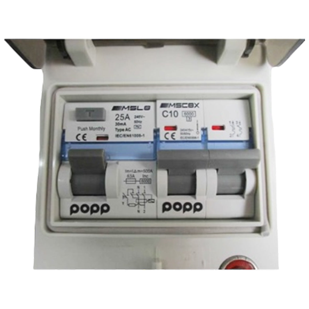 Campsite power hookup box with 3 UK plug sockets, RCD and circuit breaker for safe outdoor use