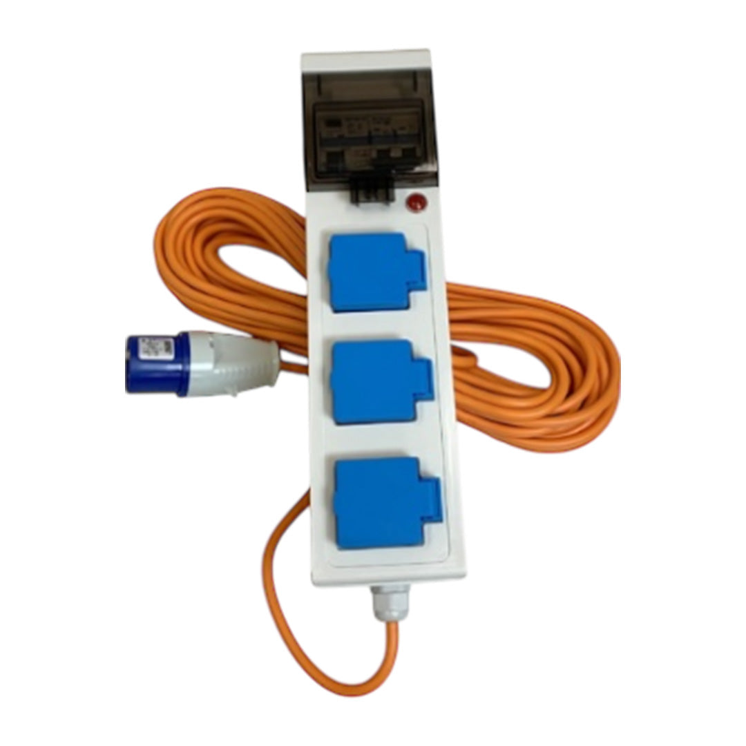 Caravan electric hookup box with 3 UK sockets and built-in RCD, 230V mains power
