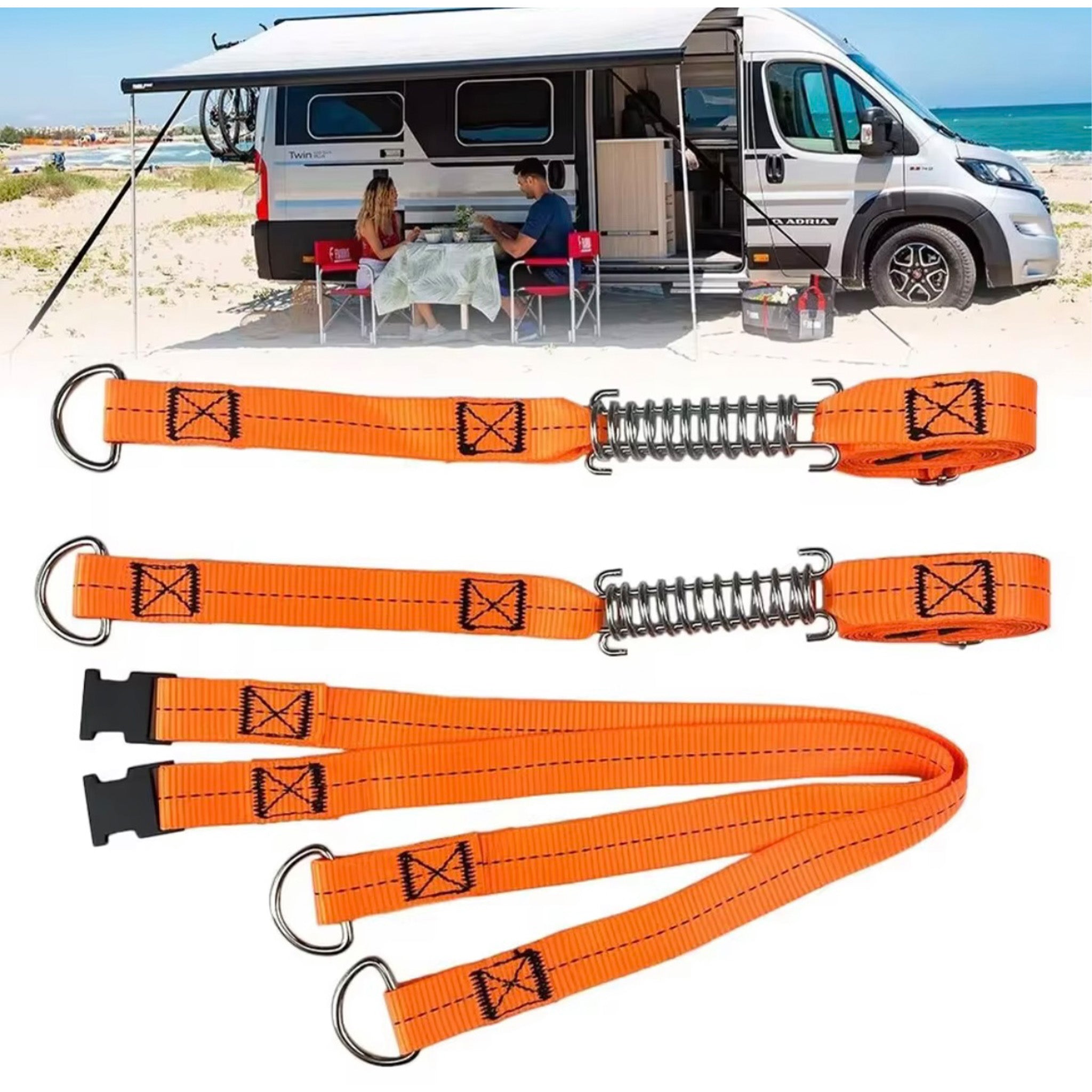 Caravan and motorhome awning storm strap kit with adjustable orange straps, springs and buckles