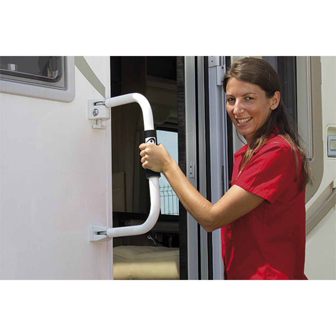 Folding aluminium security handle for caravan or motorhome doors – Fiamma 31 white non-slip grab bar