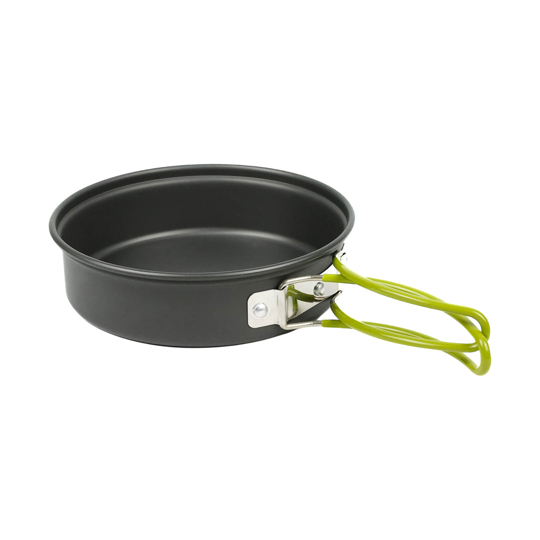 Complete camping pots and pans set with accessories including bowls, spatula, and sponge