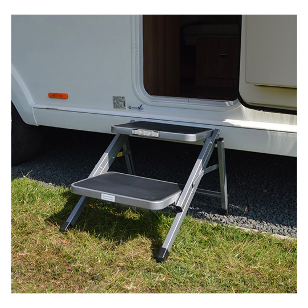 Heavy-duty two-step stool for caravans, campervans, and camping use