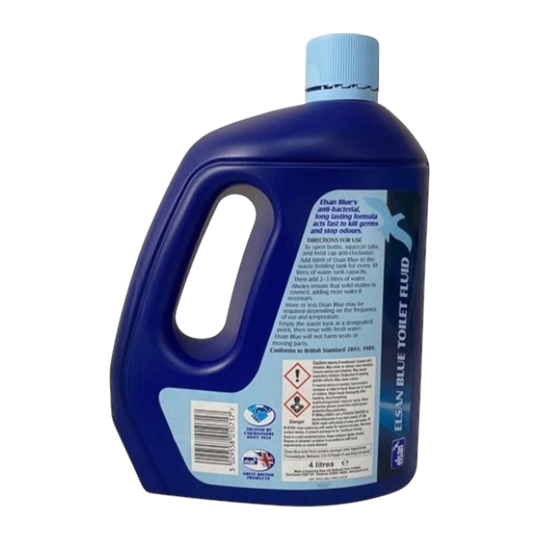 Buy Elsan Blue toilet fluid 4 litres – anti-bacterial chemical additive for caravan, motorhome, and boat cassette toilets.