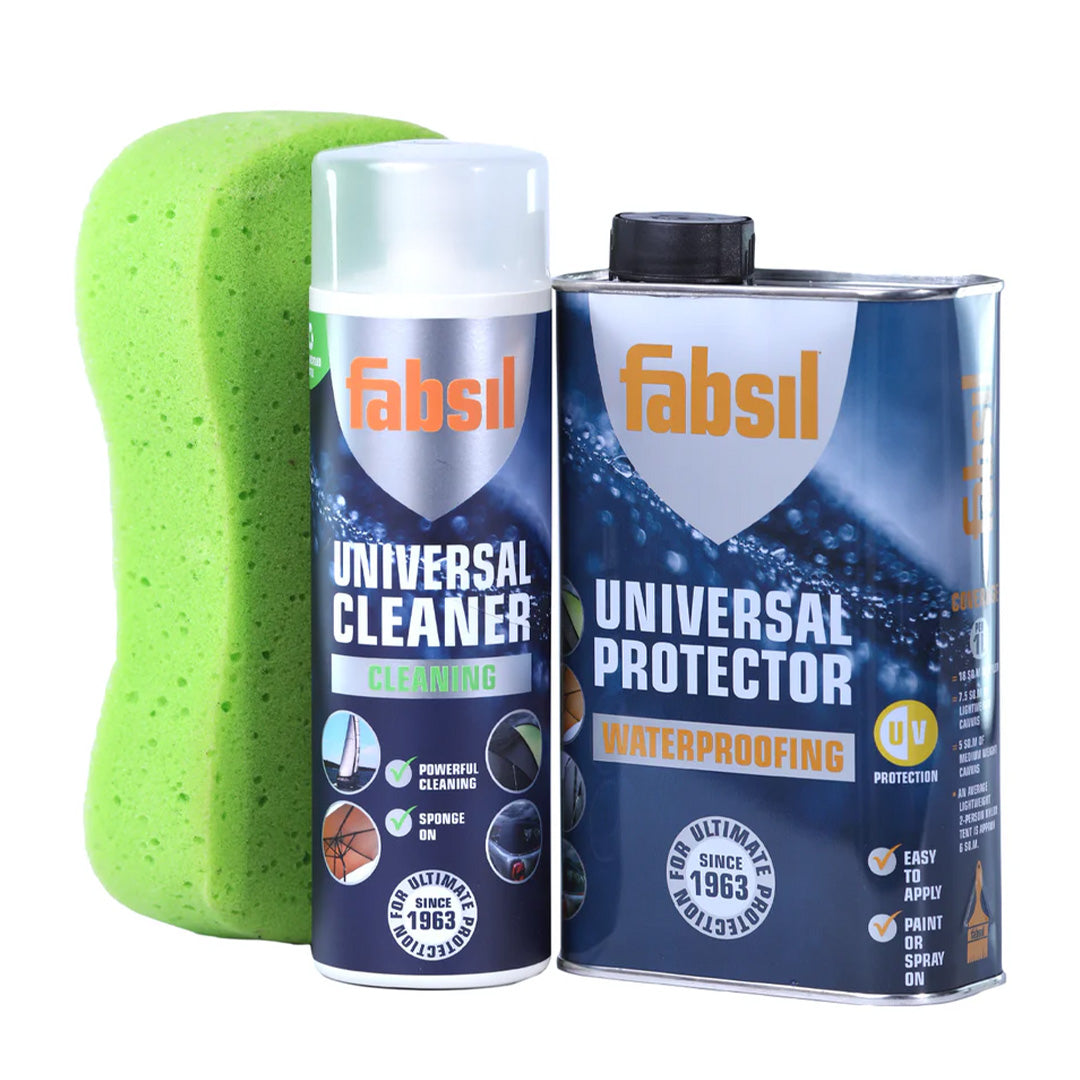 Fabsil tent and gear cleaner with 1L Universal Protector waterproofing kit and sponge