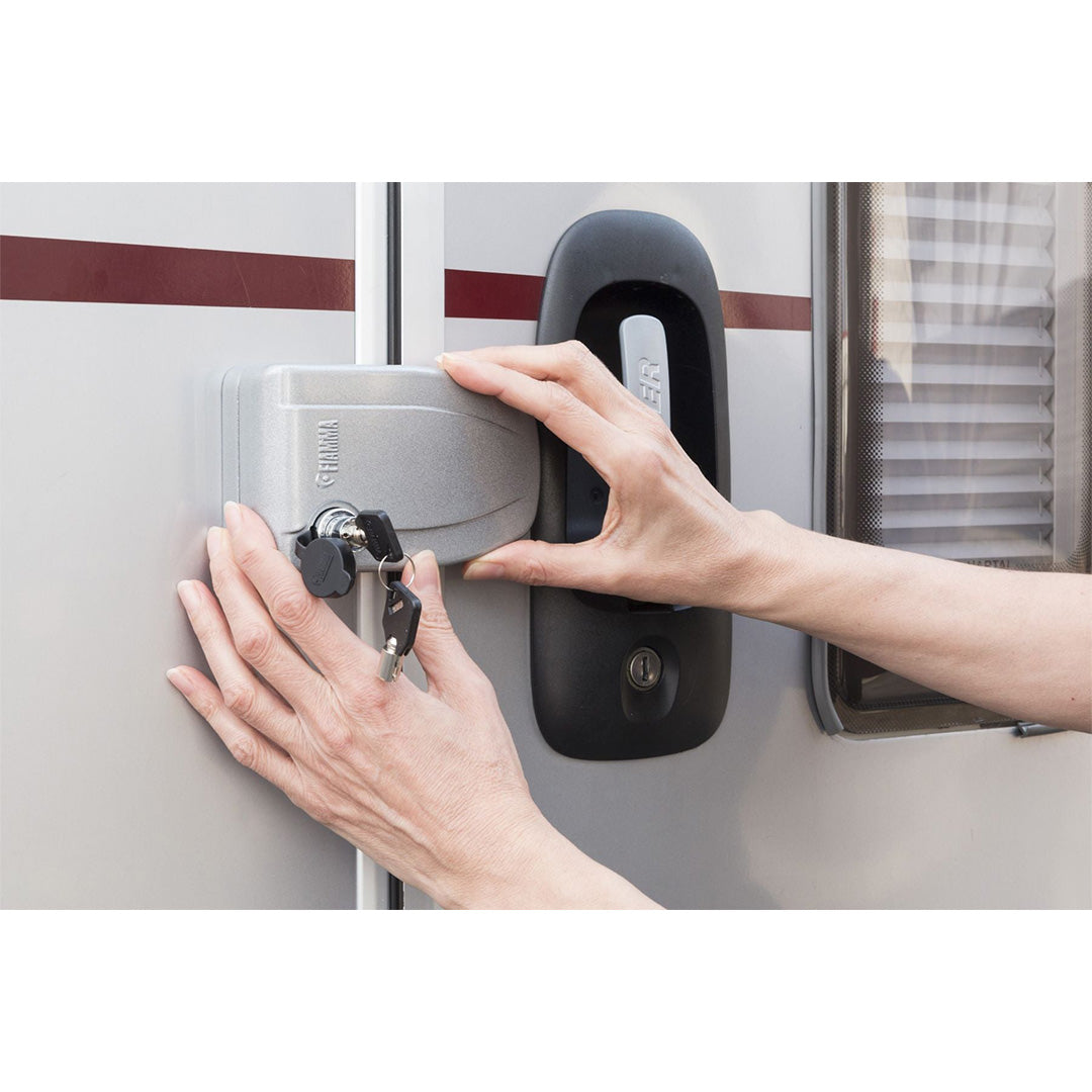 Fiamma aluminium door lock in white for added van, camper, and motorhome door security
