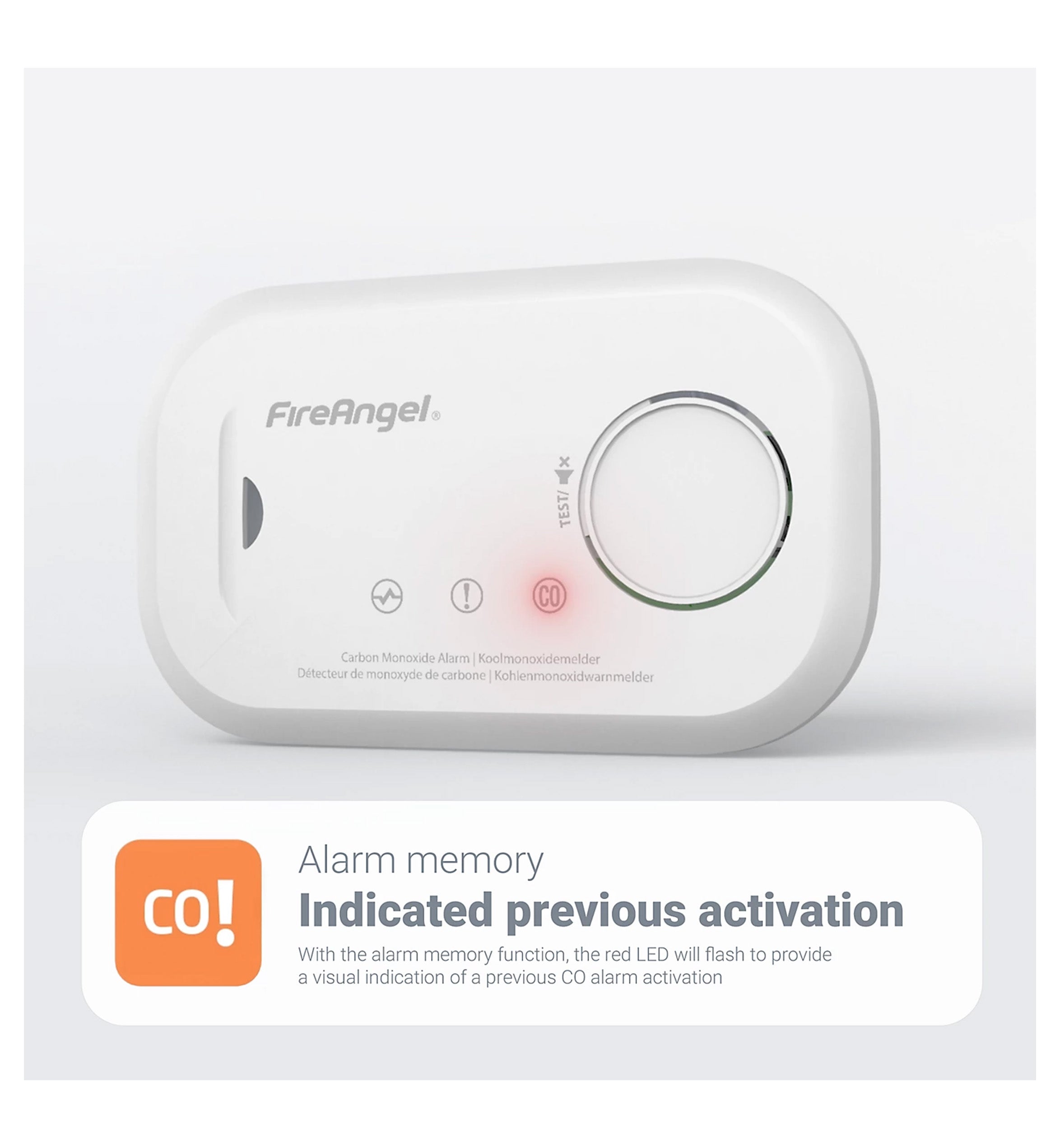 FireAngel FA6813-EU carbon monoxide alarm memory function showing previous CO activation