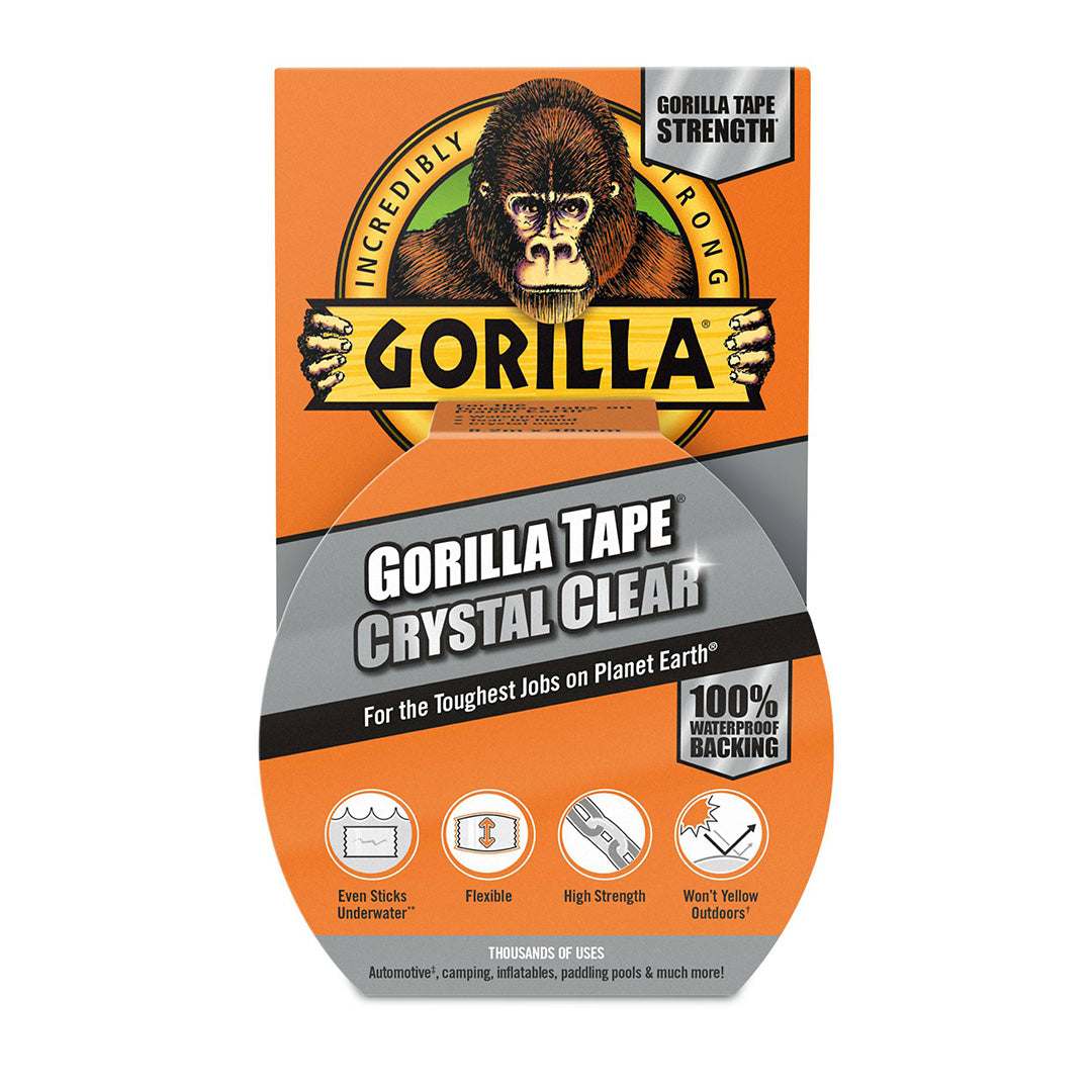 Gorilla Tape Crystal Clear waterproof repair tape for strong virtually invisible indoor and outdoor repairs