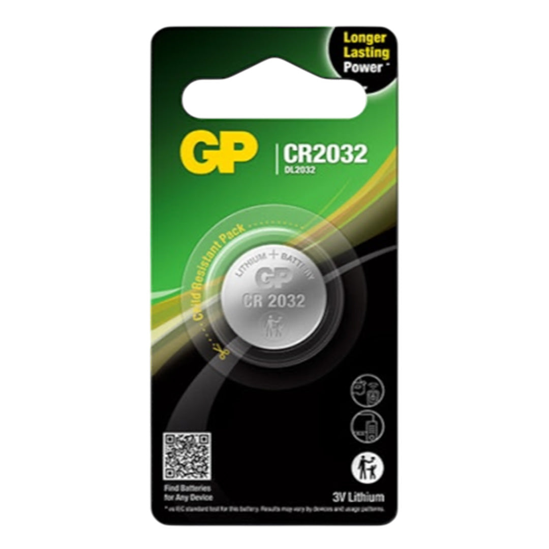 GP CR2032 lithium coin cell battery for reliable use in key fobs, calculators, and outdoor gadgets.