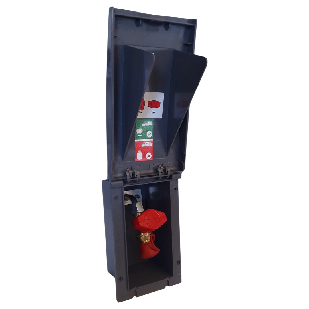 Grey LPG gas BBQ outlet box PO682 with flush fit housing for caravan and motorhome use
