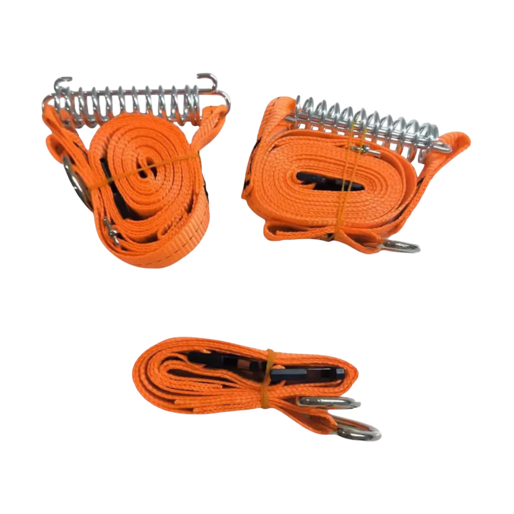 Heavy duty orange awning tie down straps 130–260cm with tension springs and buckles for securing caravan and motorhome awnings