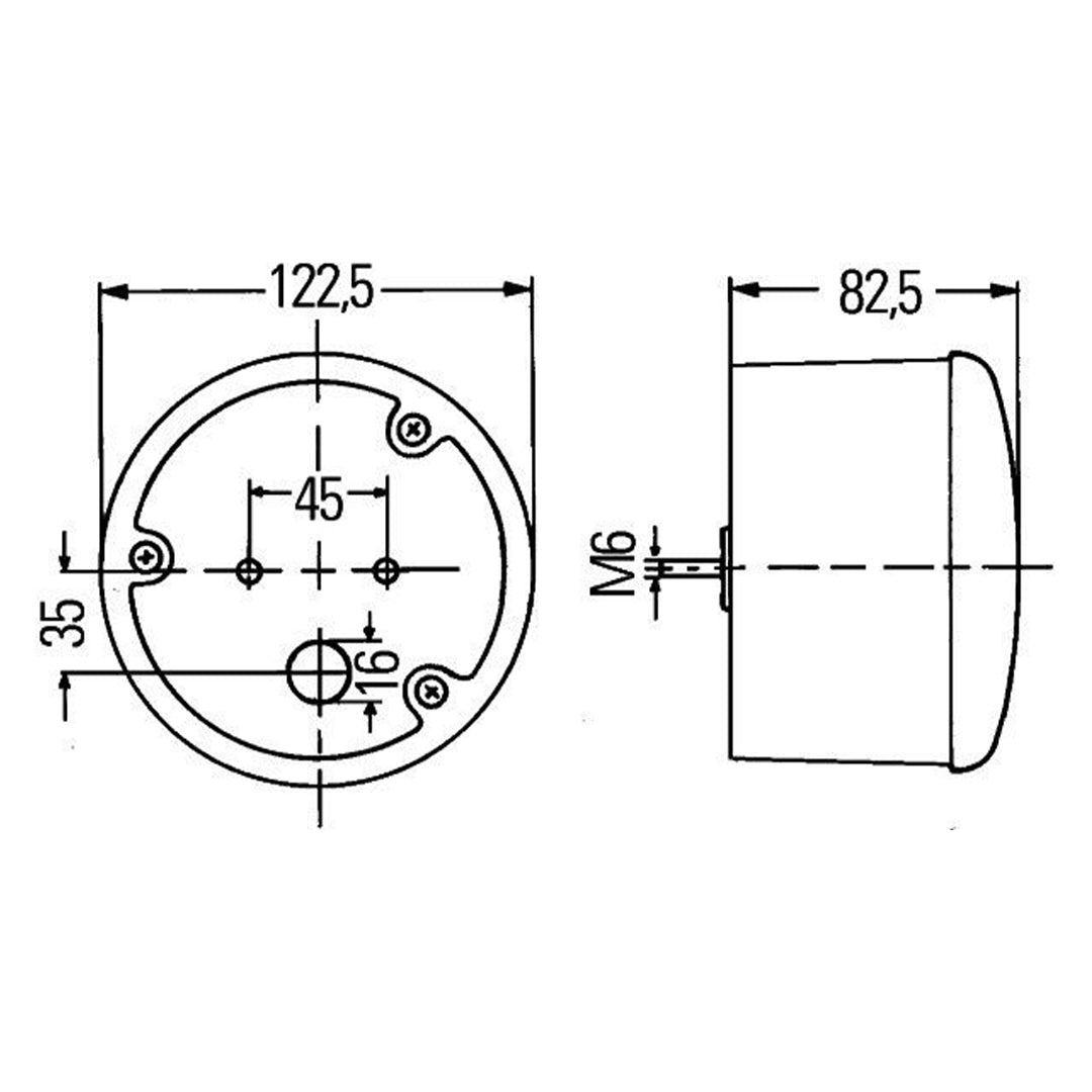 Dimension diagram for Hella 2TA 964 169-061 round rear stop and tail lamp showing mounting measurements