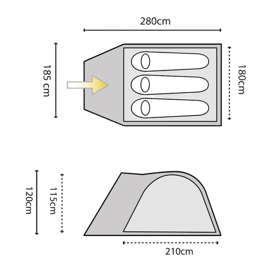 Durable hiking tent for 3 adults with sewn-in porch floor and carry bag