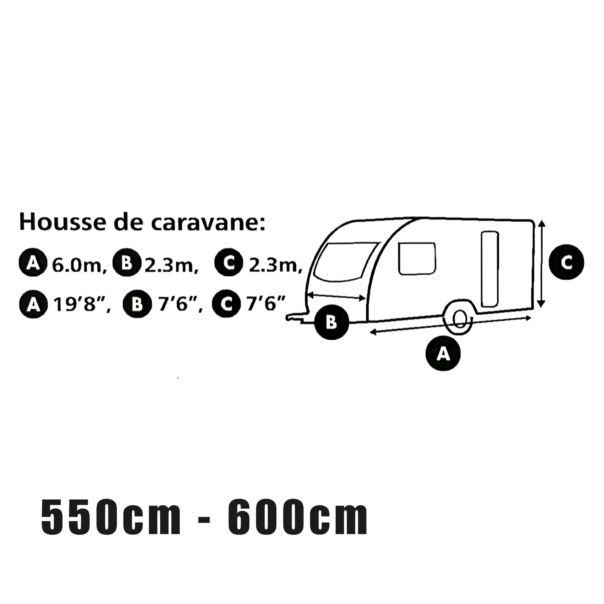 HTD caravan storage cover dimensions for 550 to 600cm caravans