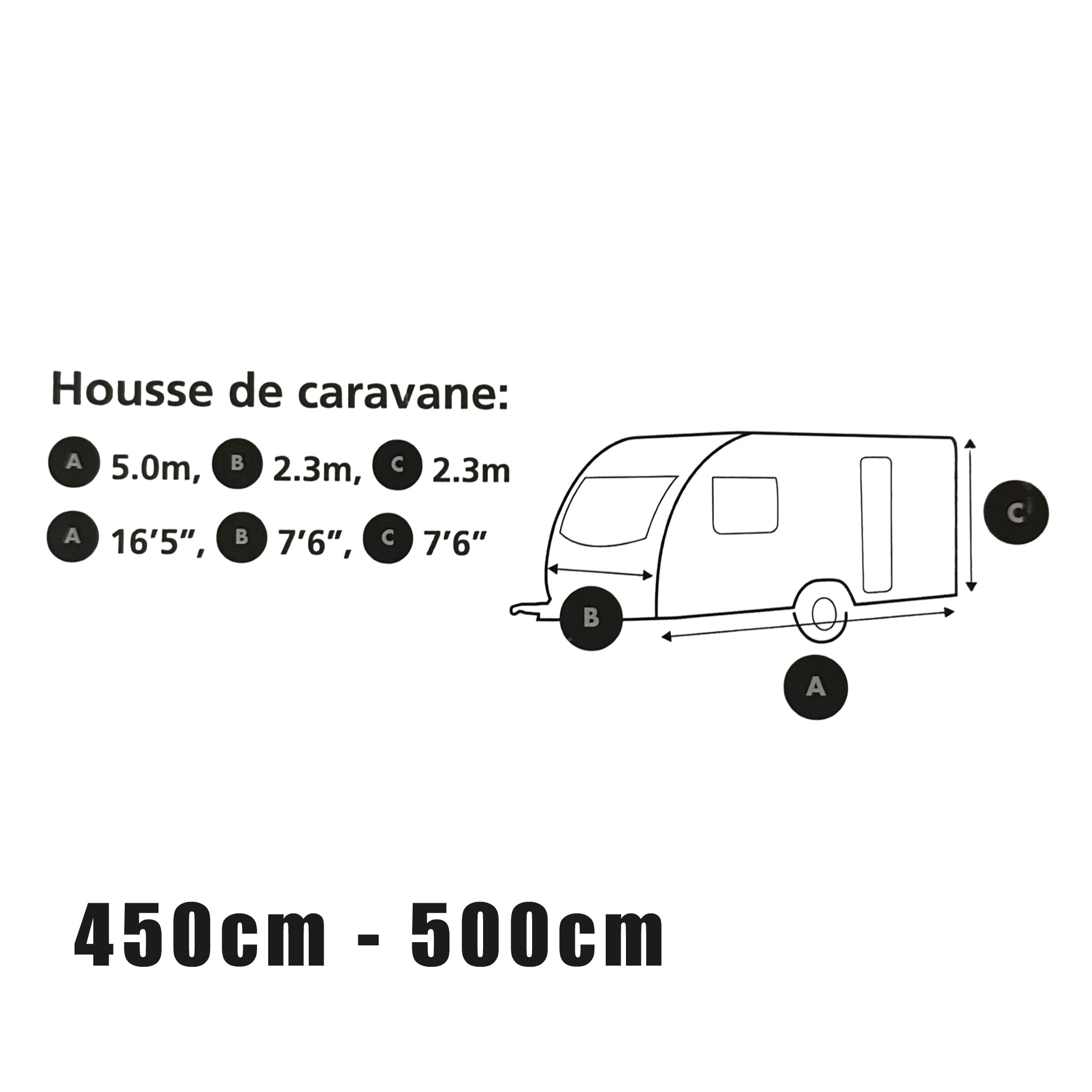 HTD caravan storage cover dimensions diagram showing length, width, and height measurements