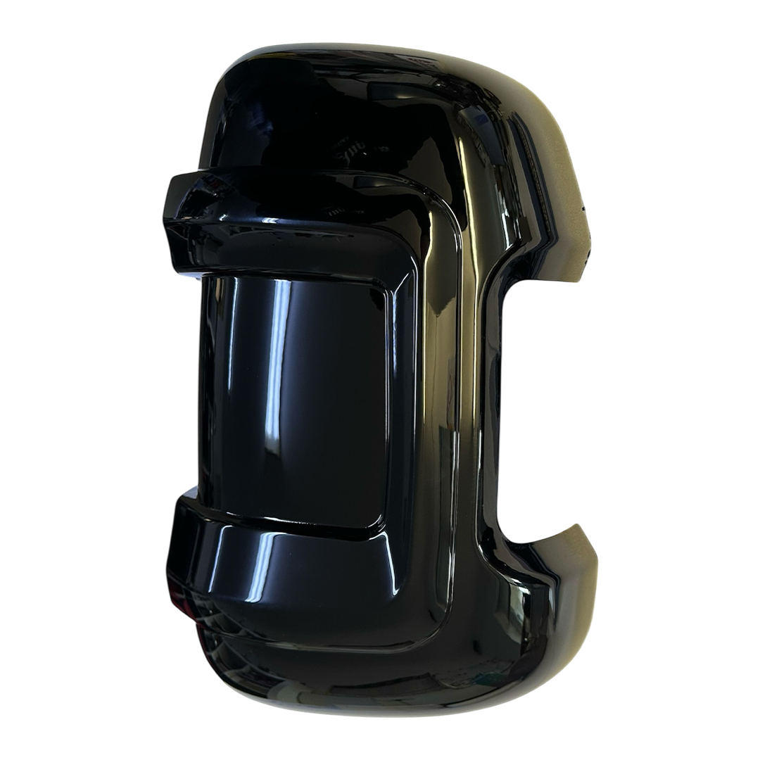 Black long arm mirror cover for Fiat Ducato, Citroen Jumper, and Peugeot Boxer (2006 onwards) for durability and protection.