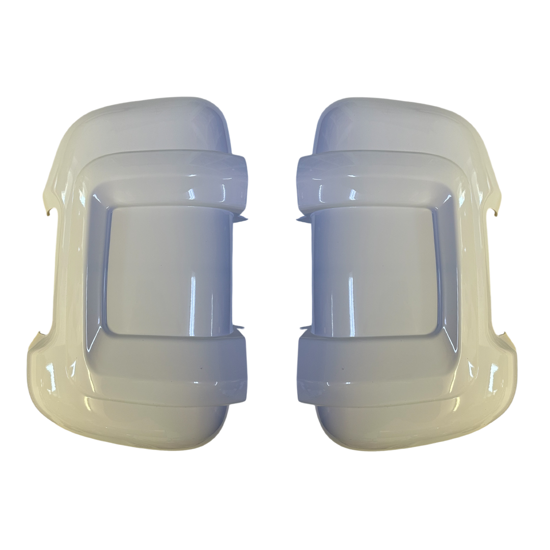 HTD Protect-It white long arm mirror cover for Fiat Ducato, Peugeot Boxer & Citroen Jumper 2006 onwards, providing protection against damage.