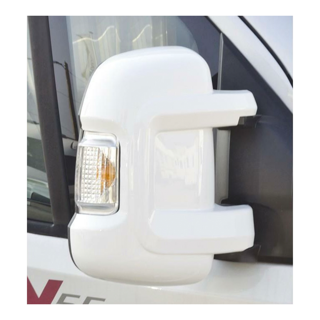 HTD Protect-It white wing mirror protective cover for Fiat Ducato, Boxer, and Relay models 2006+ Short Arm, designed for secure fit and durability.