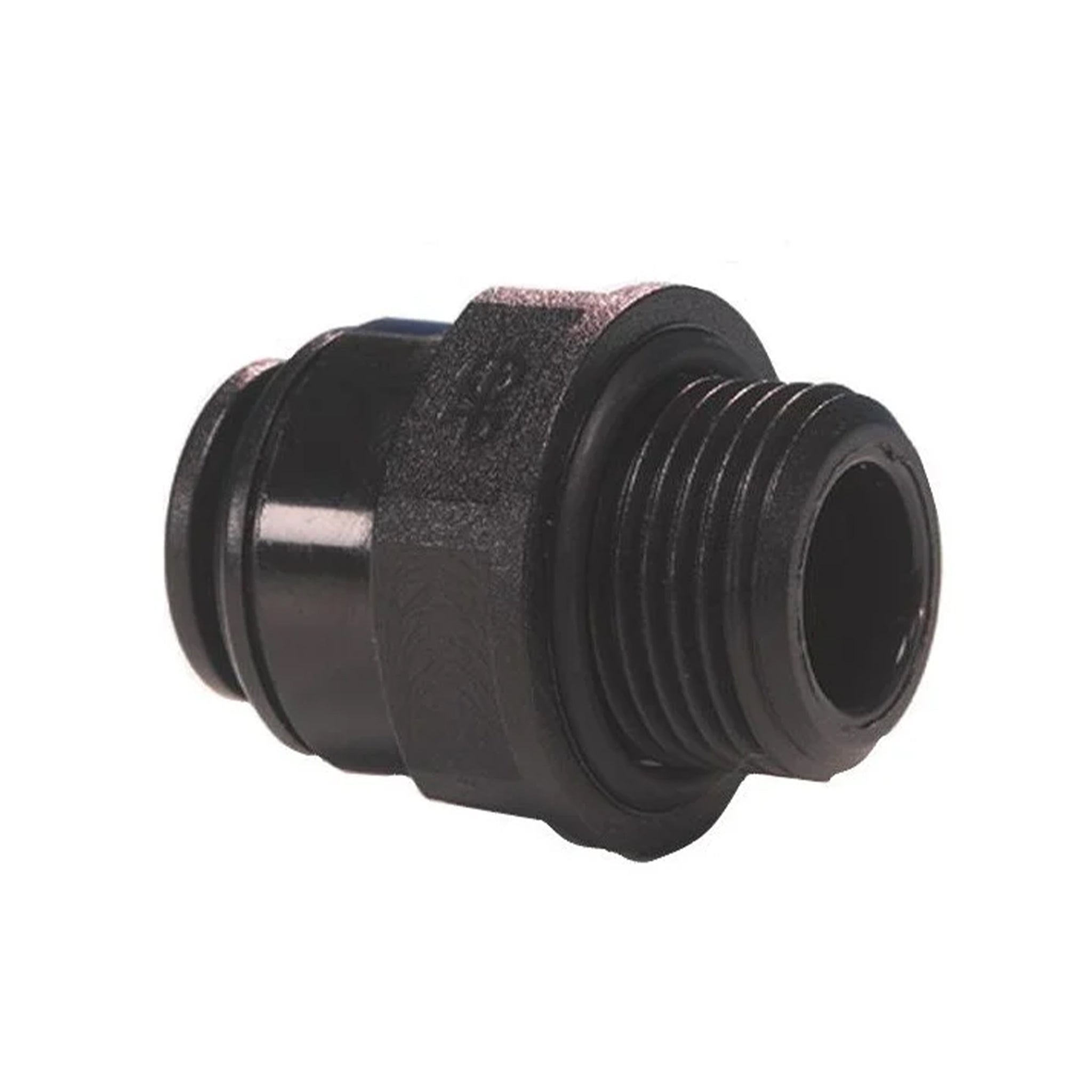 John Guest black acetal push fit adaptor connecting 12mm pipe to half inch BSP thread