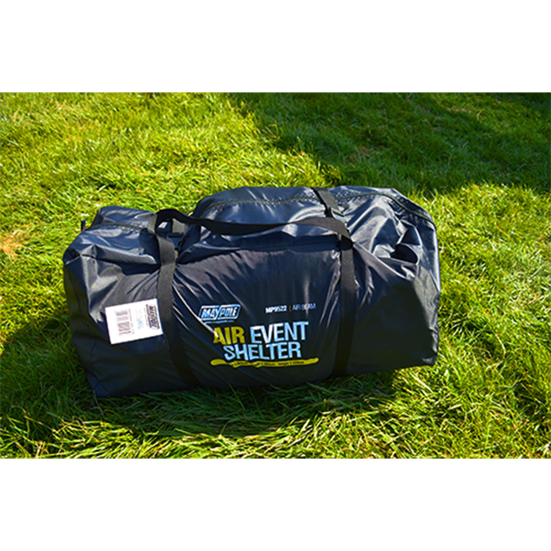 Maypole air shelter packed in carry bag showing lightweight portable design