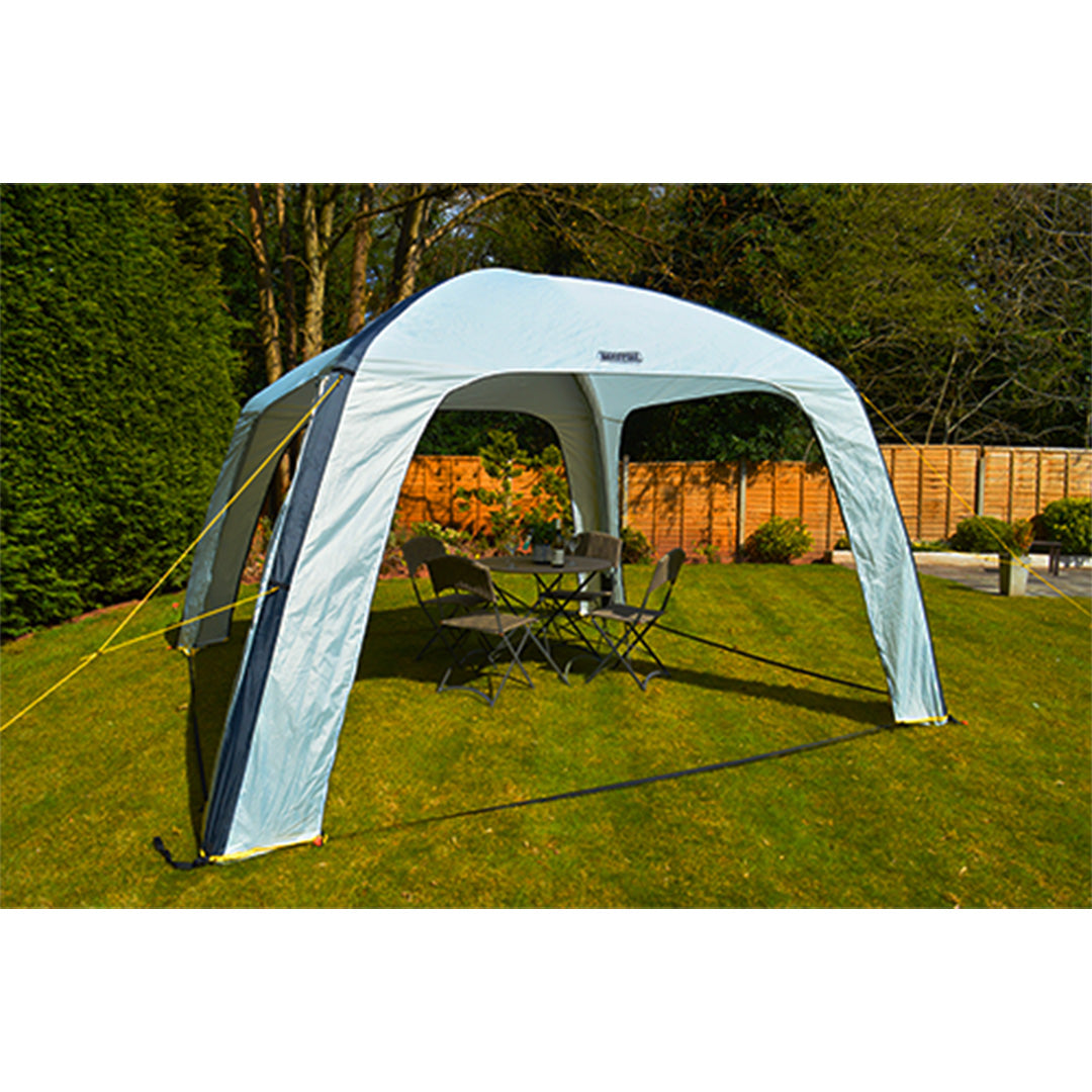 Inflatable air event shelter by Maypole used as a garden shade canopy