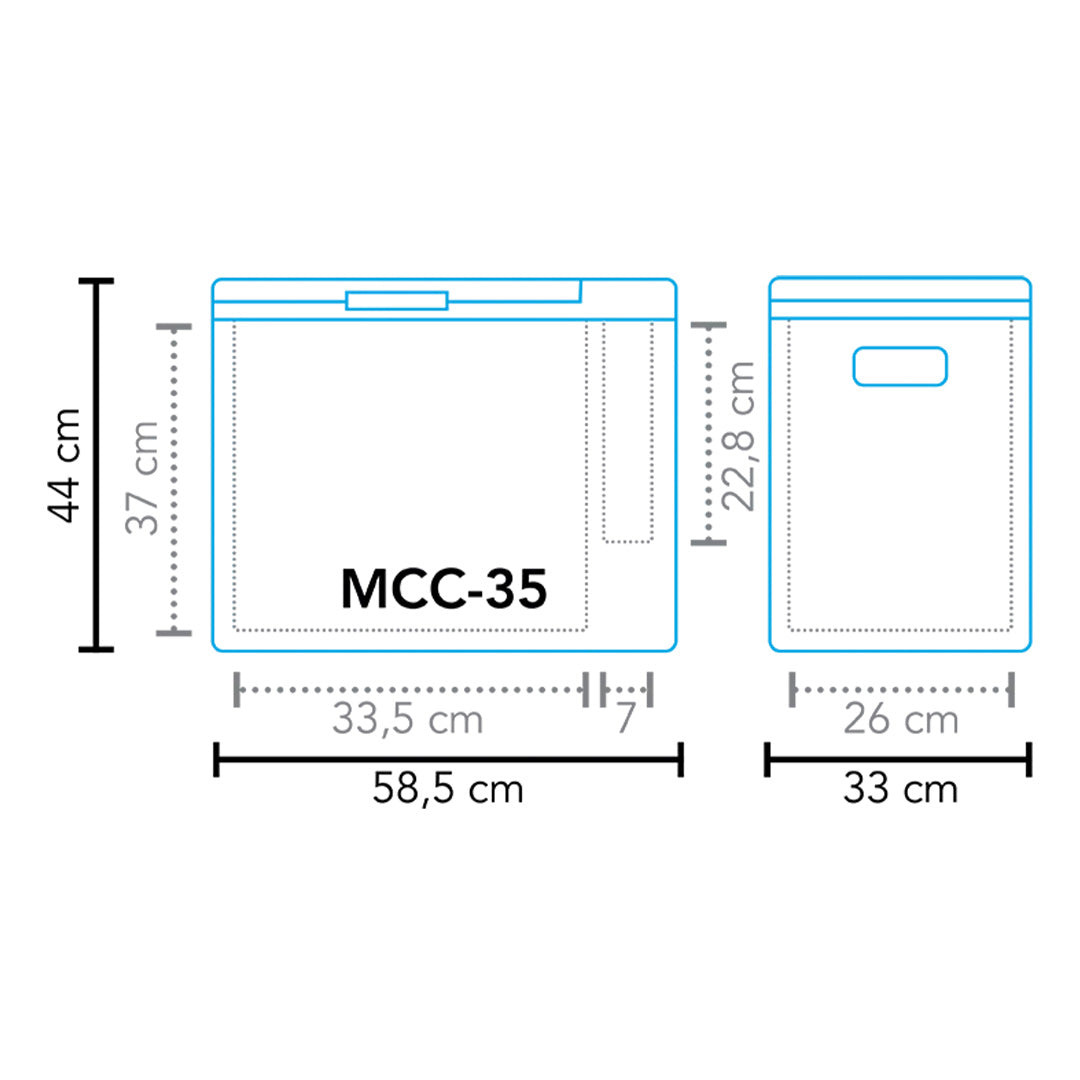 Technical dimensions diagram of the Mestic MCC-35 35L compressor cool box