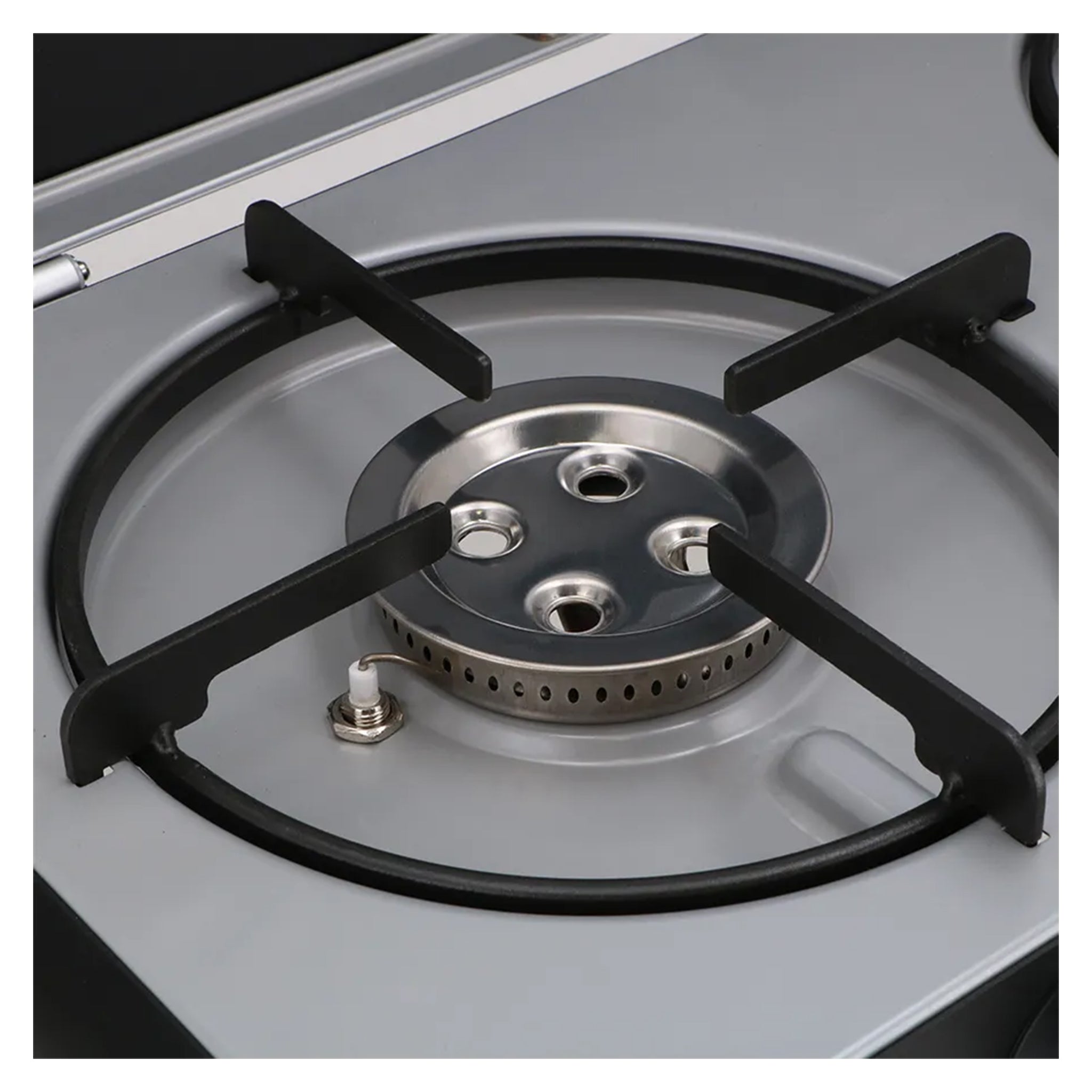 Mestic MGCP-1200 portable camping stove shown with open lid and two 2.2 kW gas burners