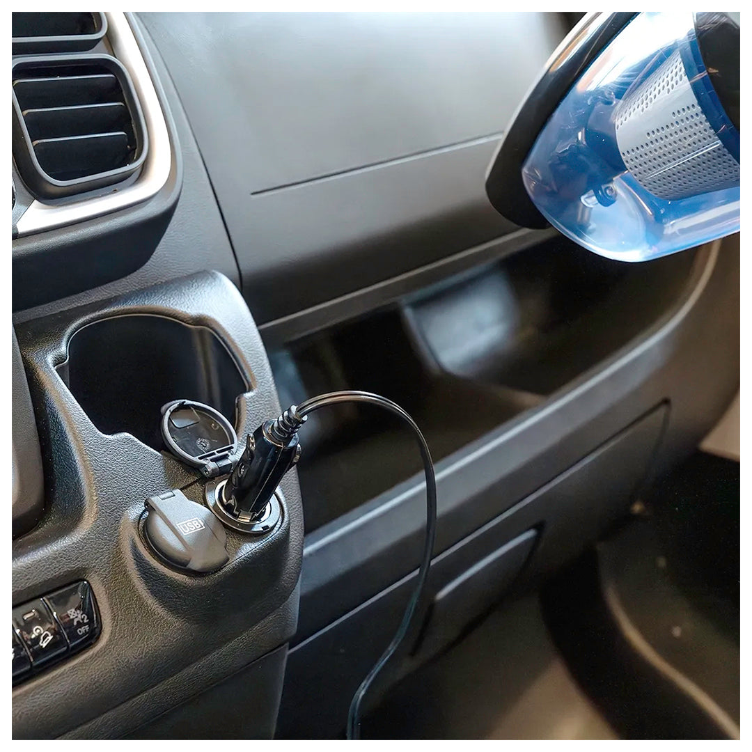 Mestic MS-80 vacuum cleaner connected to a 12V vehicle power socket