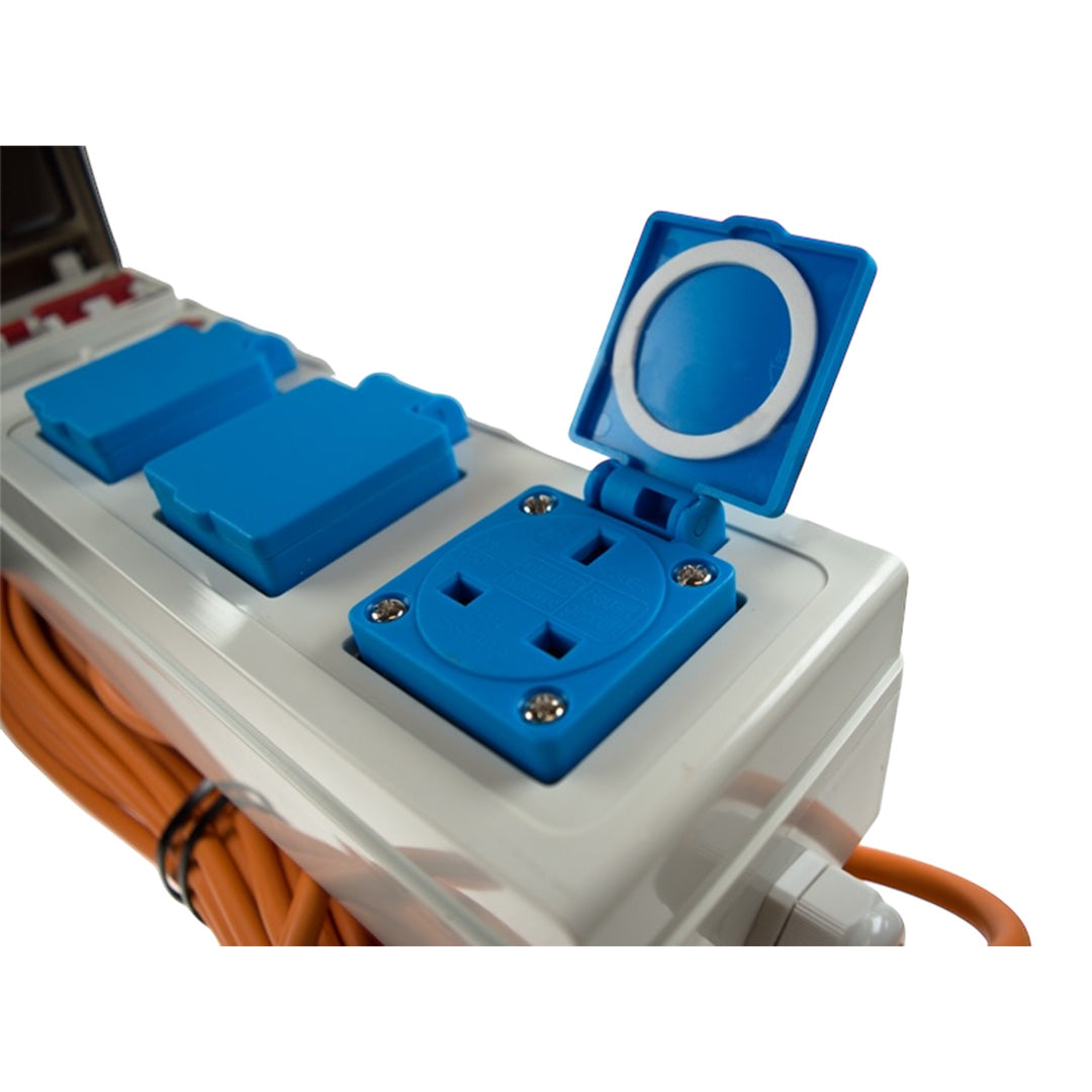 Motorhome mains power supply unit, 230V with RCD protection and UK plugs for campsite use