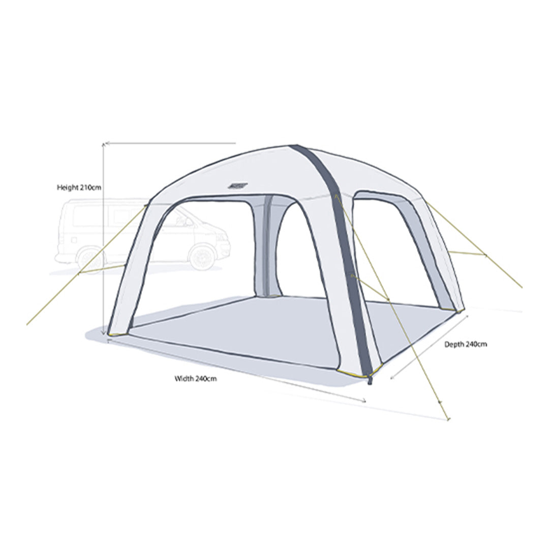 MP9522 air event shelter dimensions 365cm by 365cm footprint and 220cm height