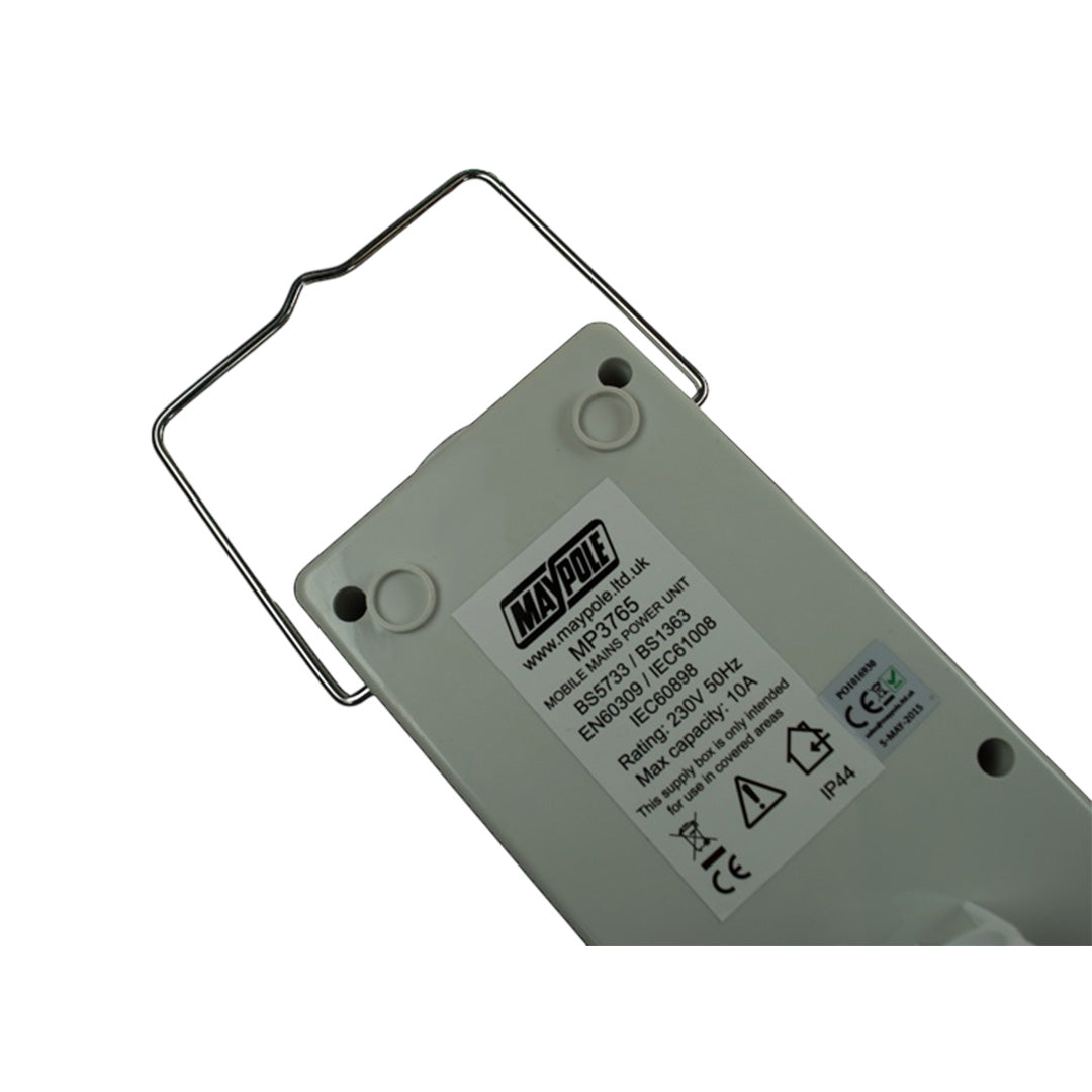 Outdoor mains hookup unit for trailer tent or awning, 230V with safety features and orange cable