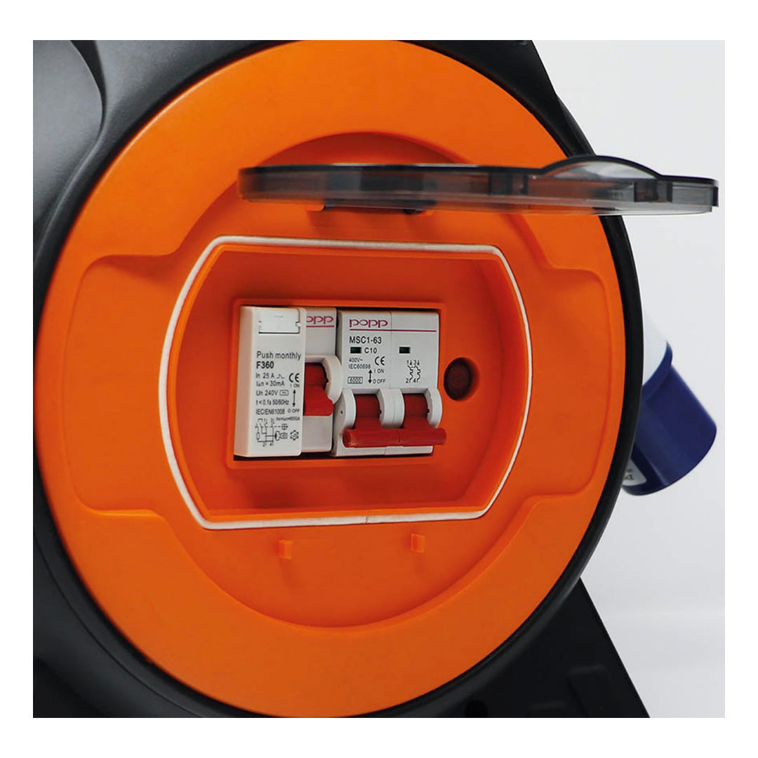 Outdoor mains extension reel for caravan or motorhome hook-up
