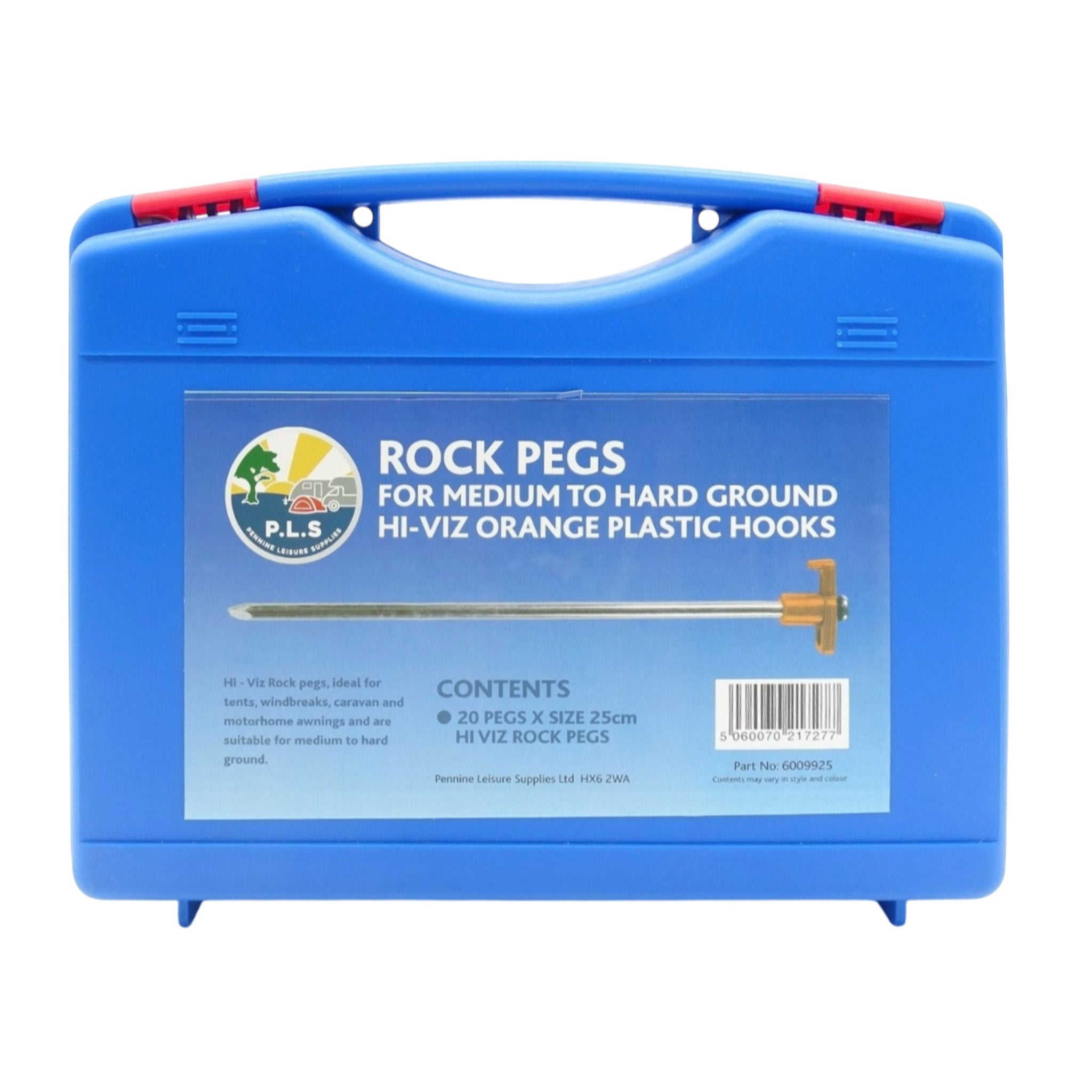 P.L.S heavy duty hard rock pegs with hi-viz hooks, 25cm, ideal for tents, caravans, motorhome awnings, pack of 20