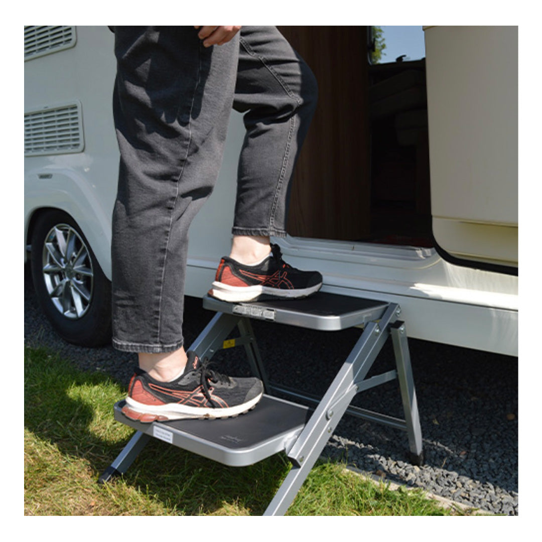 Portable folding campervan step with anti-slip tread and two step heights