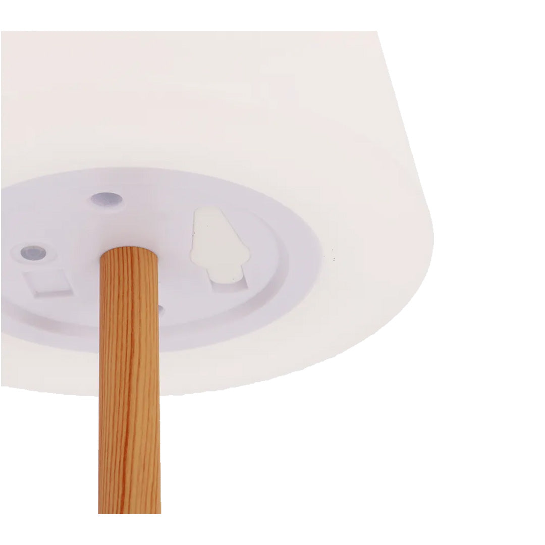 Portable rechargeable LED lamp with adjustable height, wood-effect base and white shade by Travellife for camping and caravans