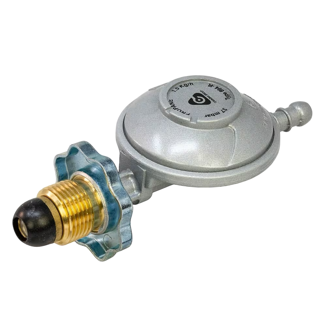 Screw-on Cavagna 37mbar propane regulator for camping, BBQs, and outdoor gas appliances