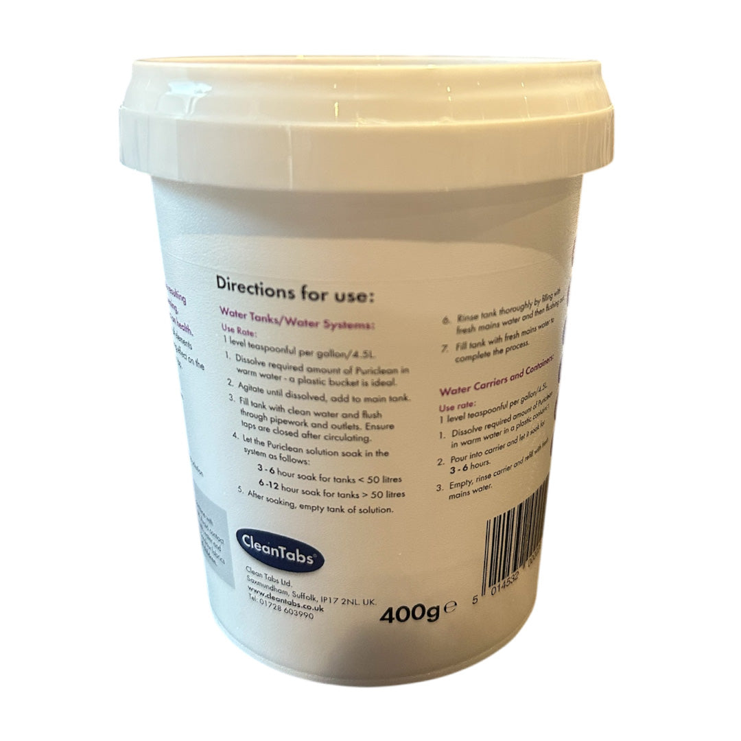 Puriclean 400g tub for cleaning and sanitizing water storage tanks in caravans