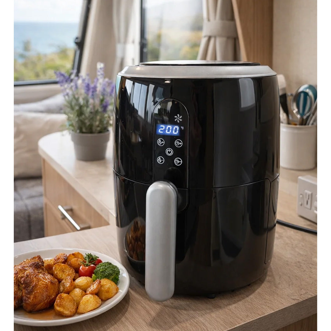 Quest 1000W compact black air fryer with 2L capacity for small portions and snacks