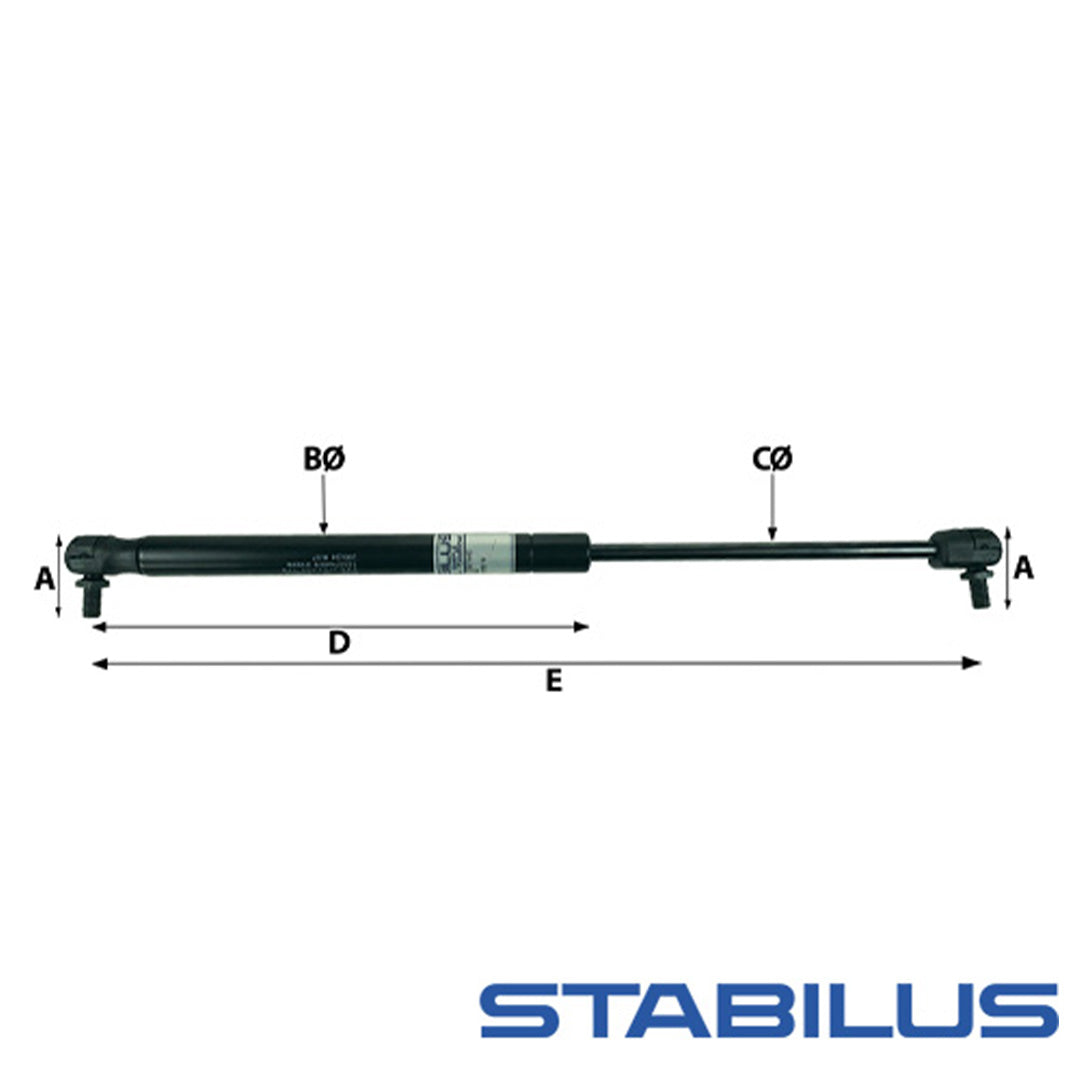 Stabilus MP1153B 110N gas strut dimensions diagram showing 385mm extended length for caravan gas lockers