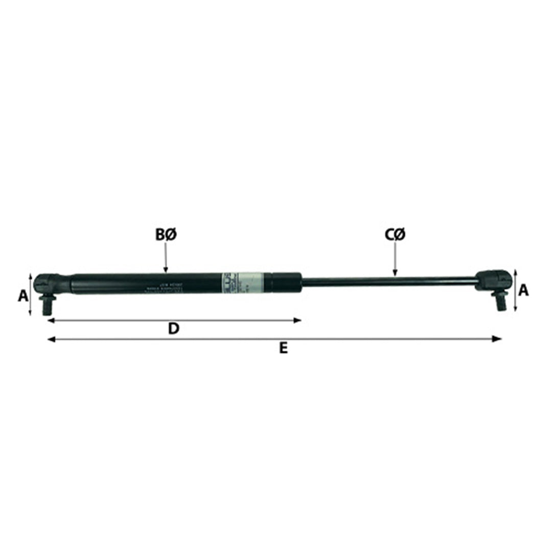 Stabilus MP1156B 350N gas strut sizing diagram showing 585mm extended length for caravan bed frames