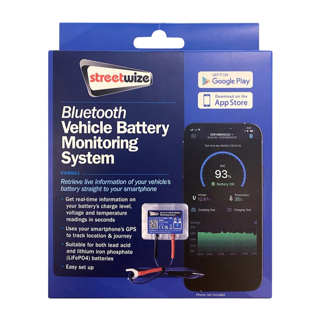 Streetwize 12V Bluetooth battery monitoring system with smartphone app for cars, motorhomes and boats